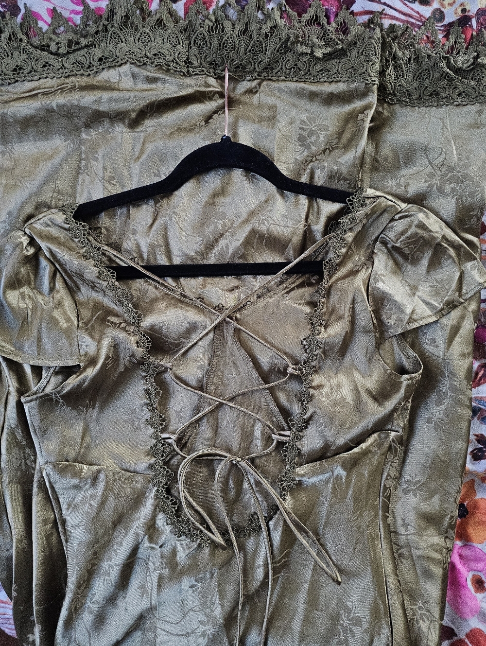 RIHOAS Olive Green Satin Maxi Dress with Lace Trim - Picture 9 of 9